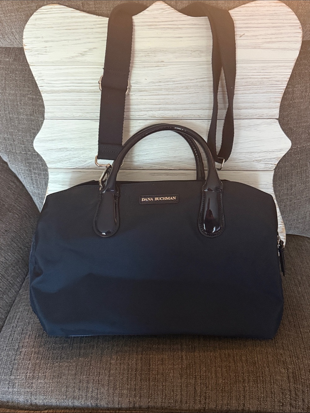 Dana Buchman Black Nylon Duffel with Patent Trim and Removable Strap
